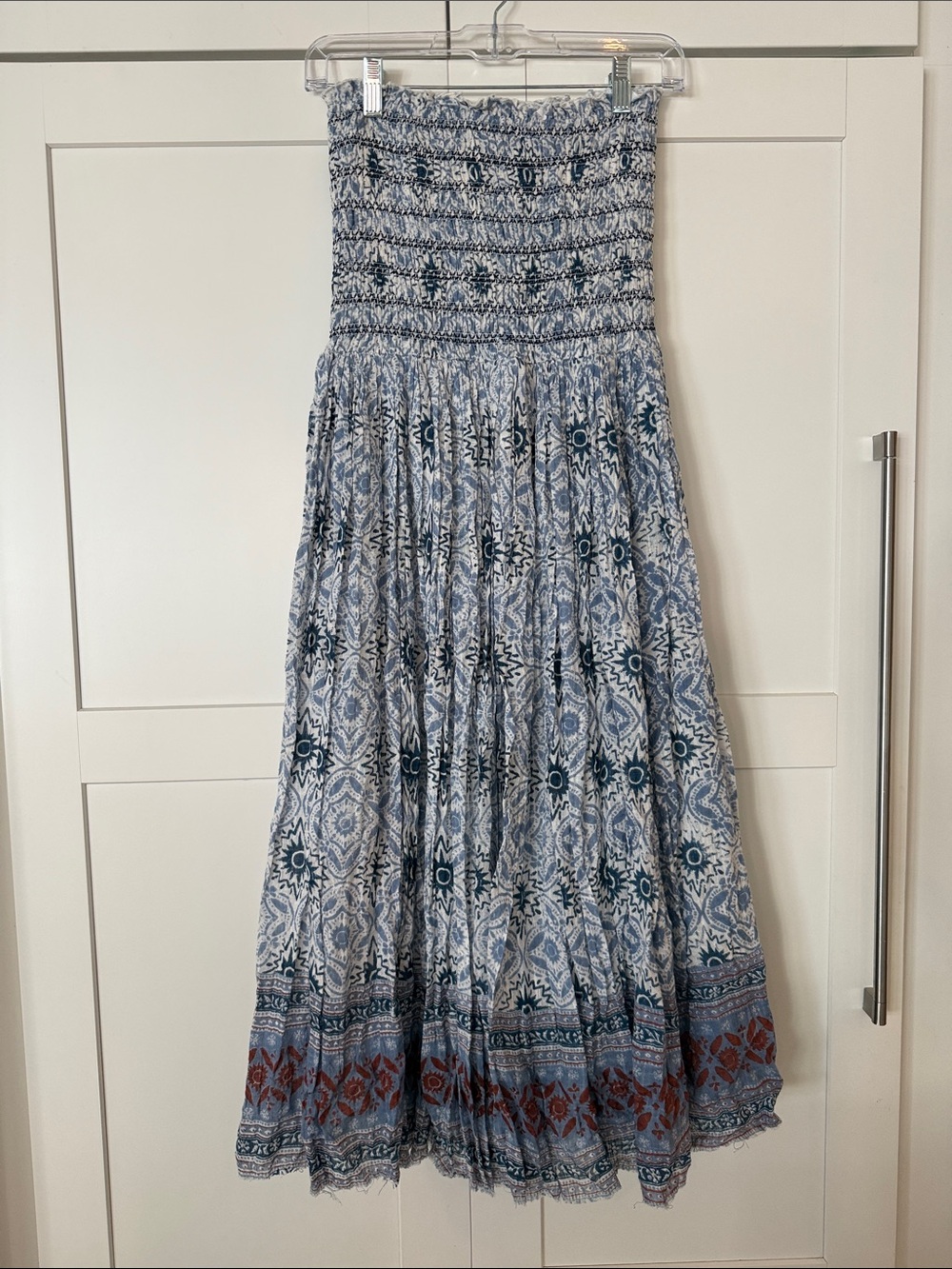 Strapless Blue Patterned Smocked Maxi Dress
